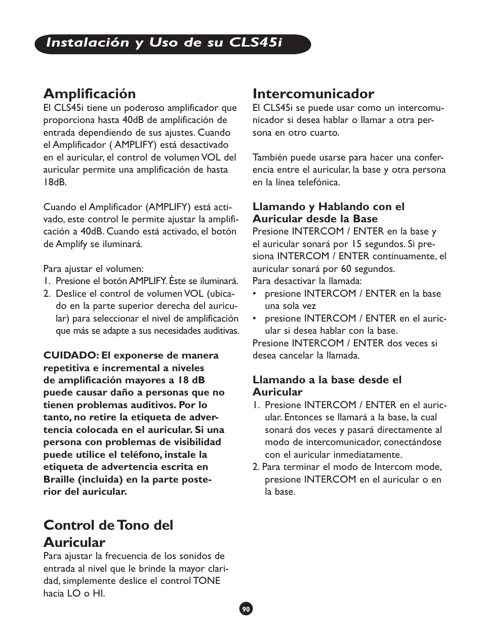 Amplificación, Control de tono del auricular, Intercomunicador | Instalación y uso de su cls45i | Clarity CLS 45i User Manual | Page 94 / 108