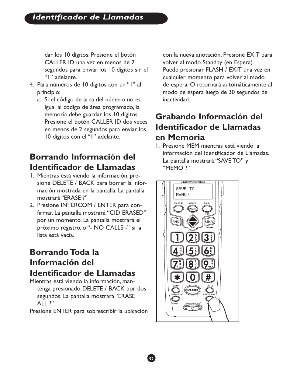 Borrando información del identificador de llamadas | Clarity CLS 45i User Manual | Page 96 / 108