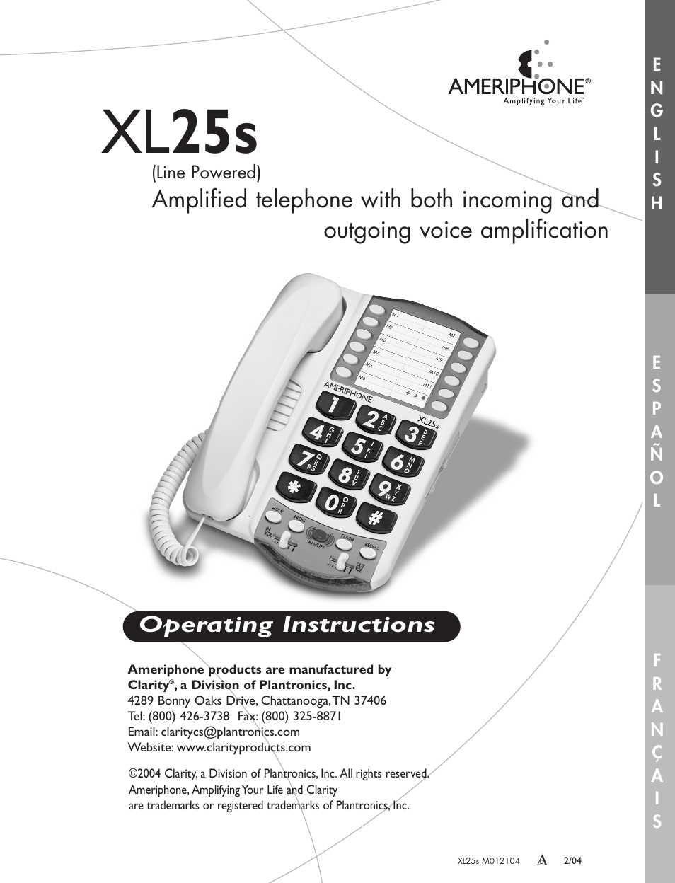 Xl 25s, Operating instructions | Clarity XL-25S User Manual | Page 2 / 27