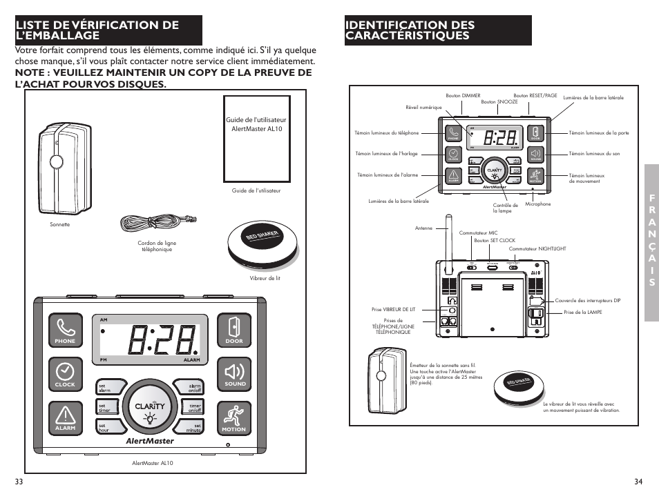 Liste de vérification de l’emballage, Identification des caractéristiques, Bedshaker phone line phone | All main off, On off | Clarity ALERTMASTER AL10 User Manual | Page 18 / 45