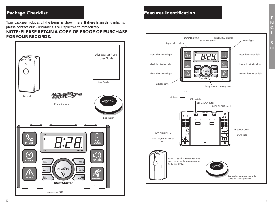 Package checklist, Features identification, Bedshaker phone line phone | All main off, On off | Clarity ALERTMASTER AL10 User Manual | Page 4 / 45