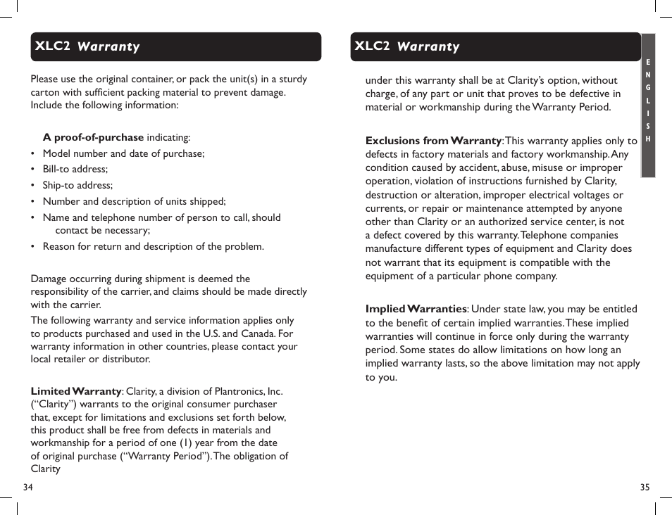 Warranty xlc2 warranty xlc2 | Clarity Professional XLC2 User Manual | Page 19 / 61