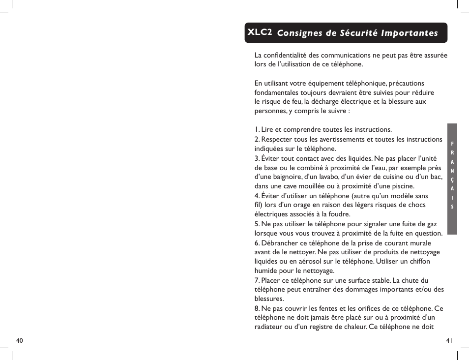 Consignes de sécurité importantes xlc2 | Clarity Professional XLC2 User Manual | Page 22 / 61