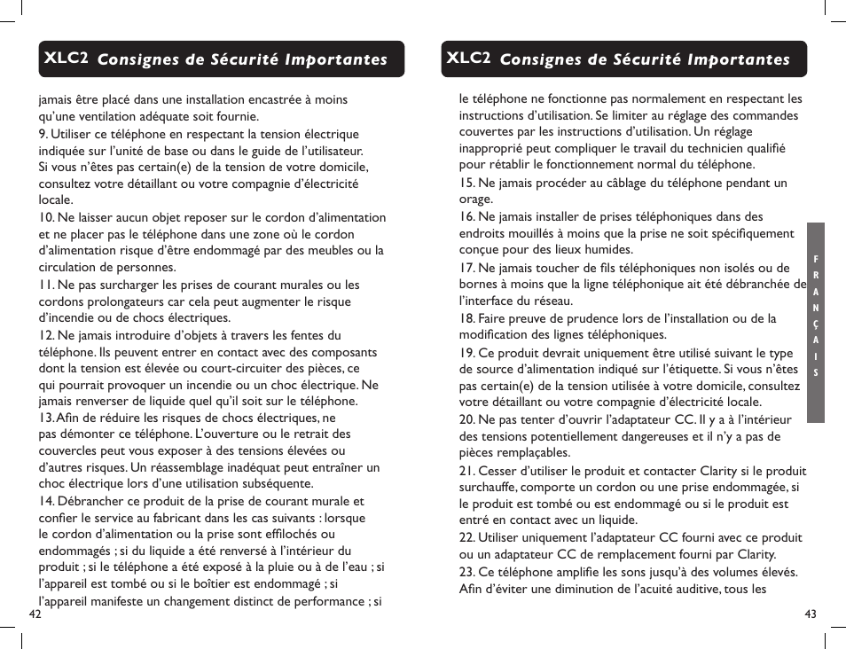 Consignes de sécurité importantes xlc2 | Clarity Professional XLC2 User Manual | Page 23 / 61