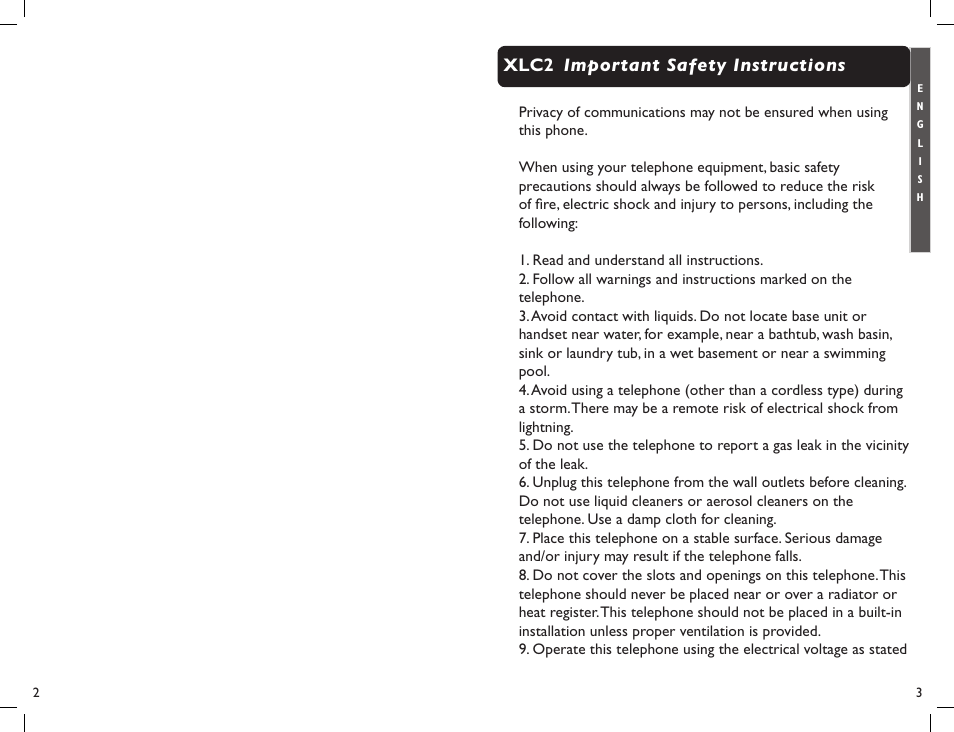 Important safety instructions xlc2 | Clarity Professional XLC2 User Manual | Page 3 / 61