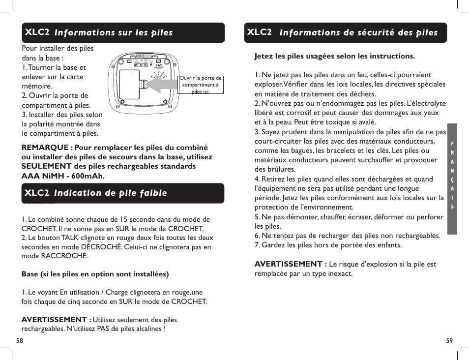 Informations de sécurité des piles xlc2 | Clarity Professional XLC2 User Manual | Page 31 / 61