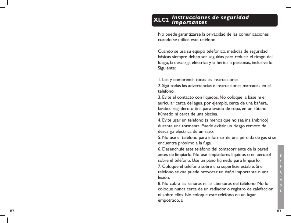 Instrucciones de seguridad importantes xlc2 | Clarity Professional XLC2 User Manual | Page 43 / 61