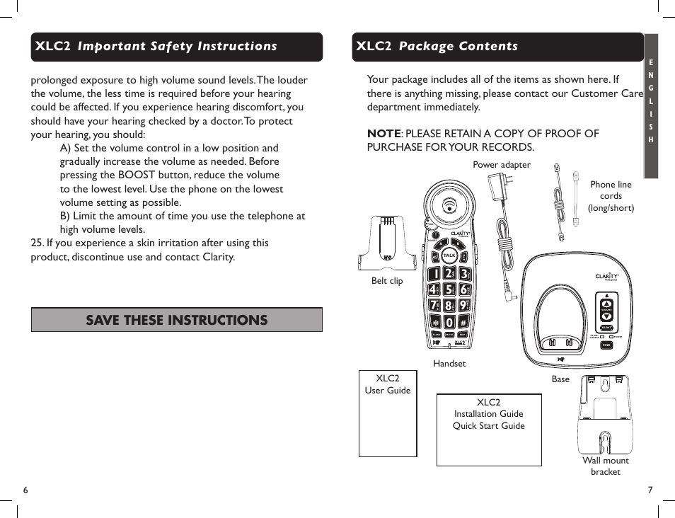 Save these instructions | Clarity Professional XLC2 User Manual | Page 5 / 61