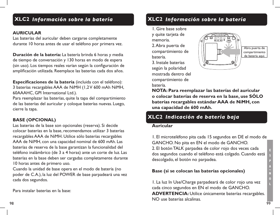 Información sobre la batería xlc2 | Clarity Professional XLC2 User Manual | Page 51 / 61