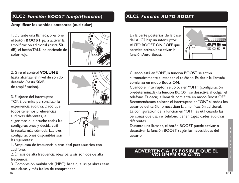 Función boost (amplificación) xlc2, Advertencia: es posible que el volumen sea alto, Función auto boost xlc2 | Clarity Professional XLC2 User Manual | Page 53 / 61