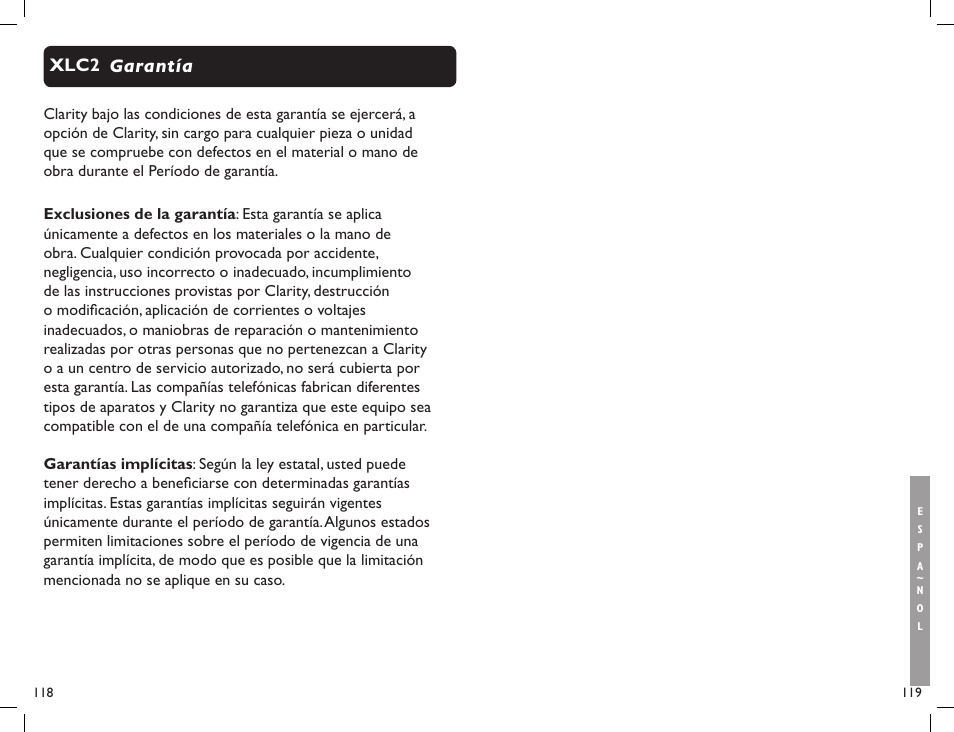Garantía xlc2 | Clarity Professional XLC2 User Manual | Page 61 / 61