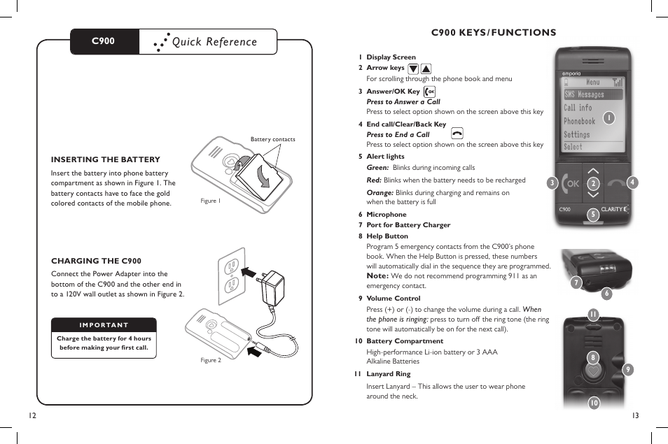 Quick reference, C900, C900 keys / functions | Clarity C900 User Manual | Page 7 / 51