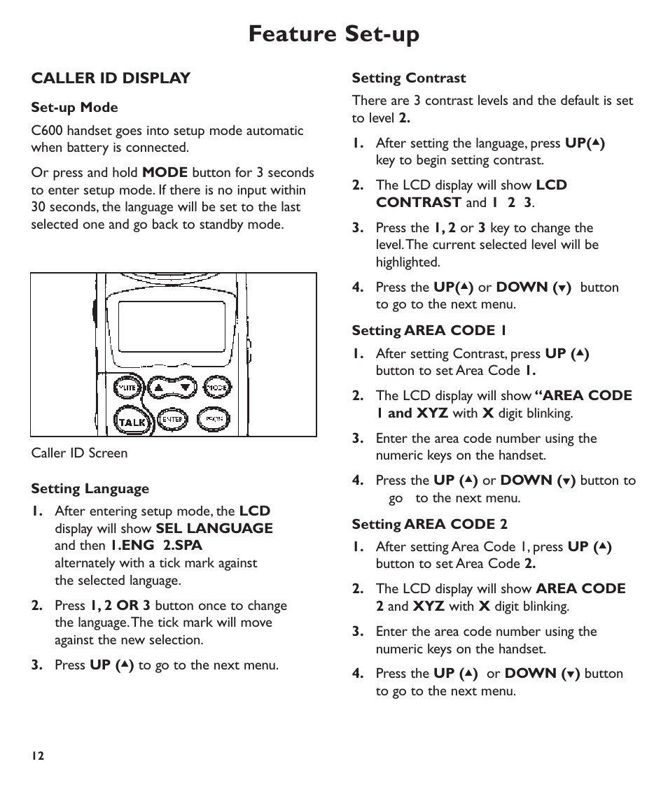 Feature set-up | Clarity C600 User Manual | Page 12 / 32