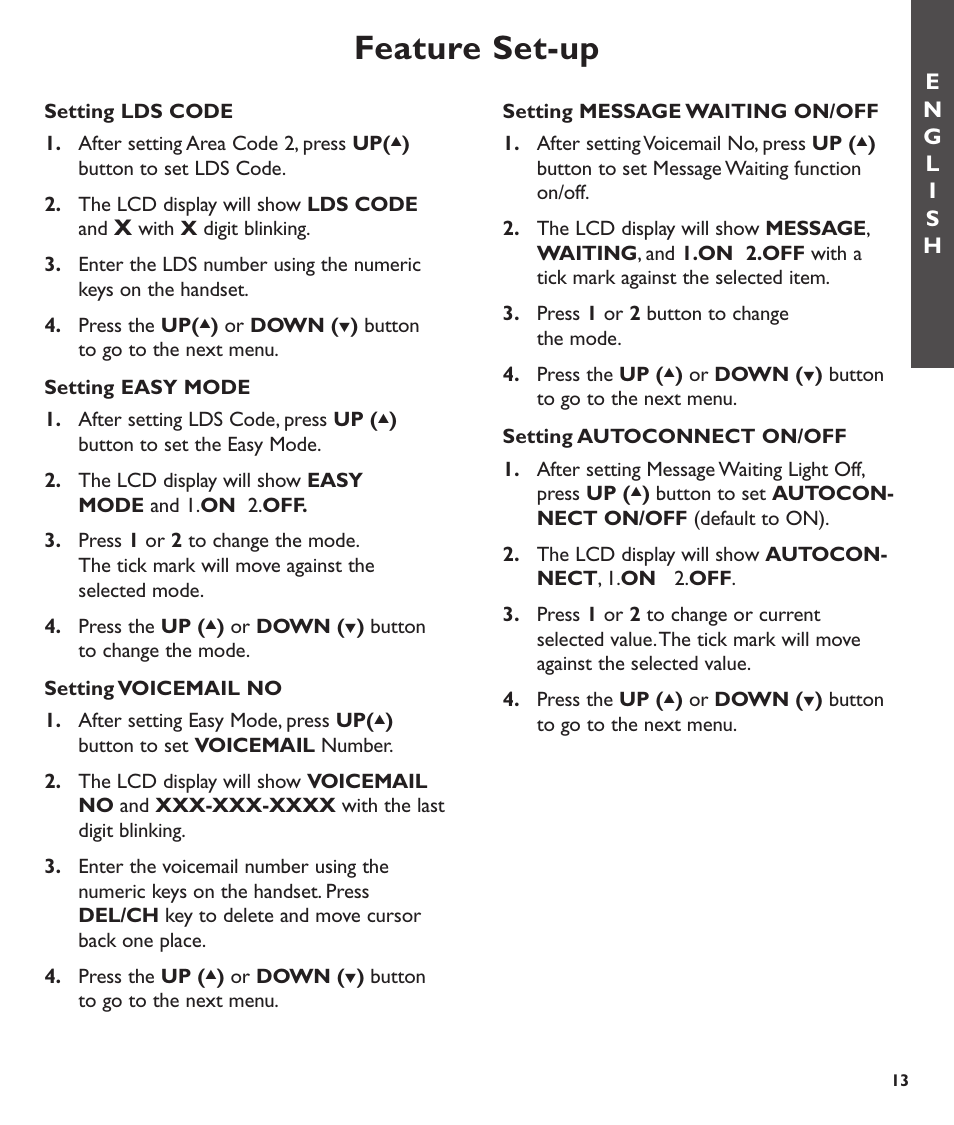 Feature set-up | Clarity C600 User Manual | Page 13 / 32