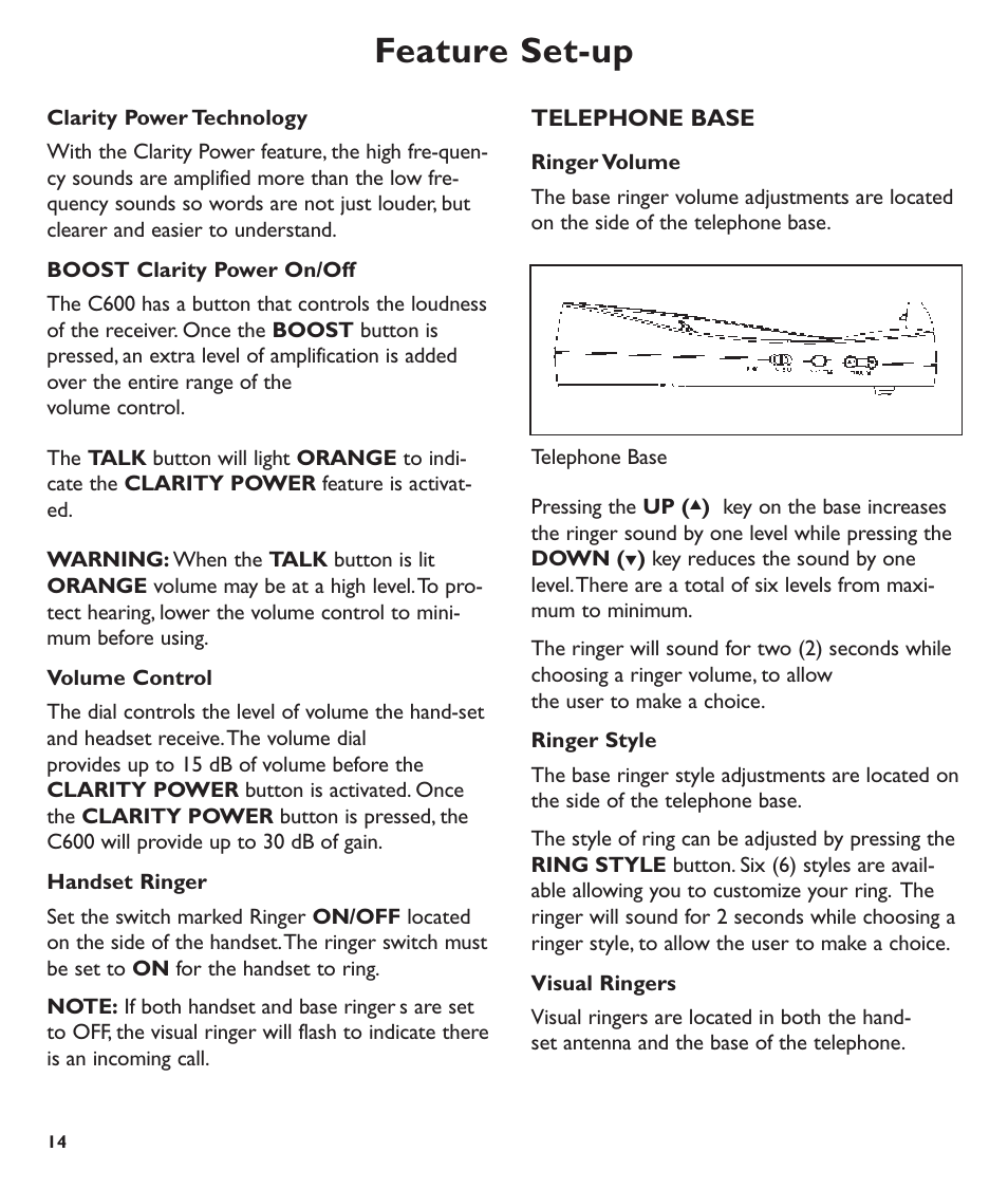 Feature set-up | Clarity C600 User Manual | Page 14 / 32