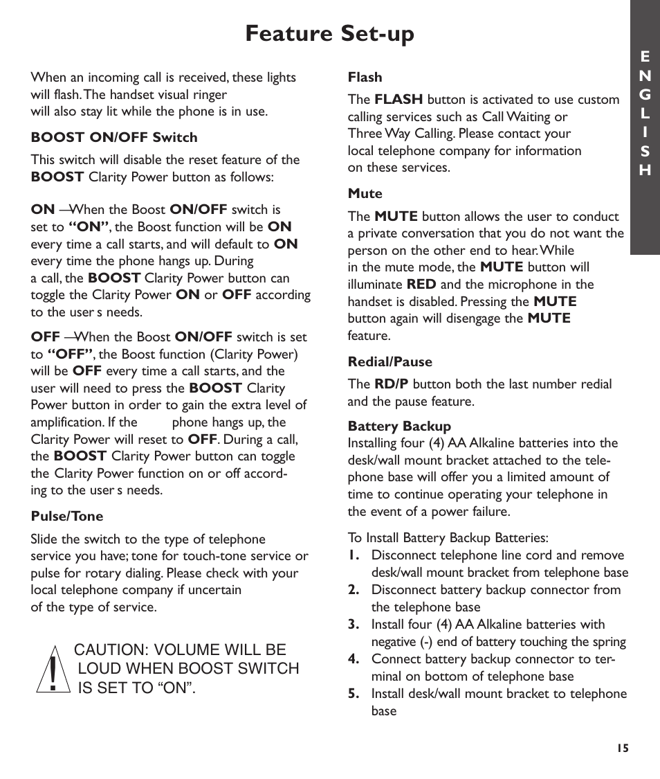 Feature set-up | Clarity C600 User Manual | Page 15 / 32