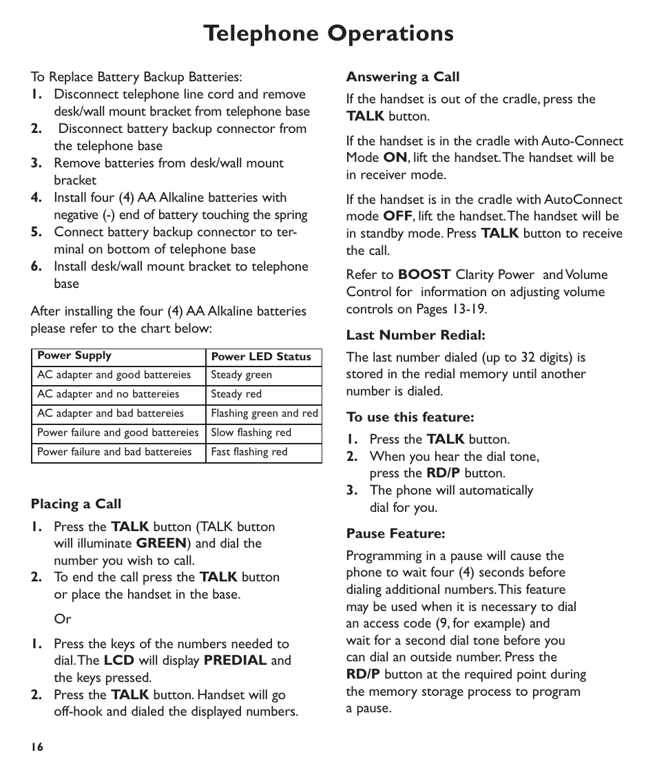 Telephone operations | Clarity C600 User Manual | Page 16 / 32