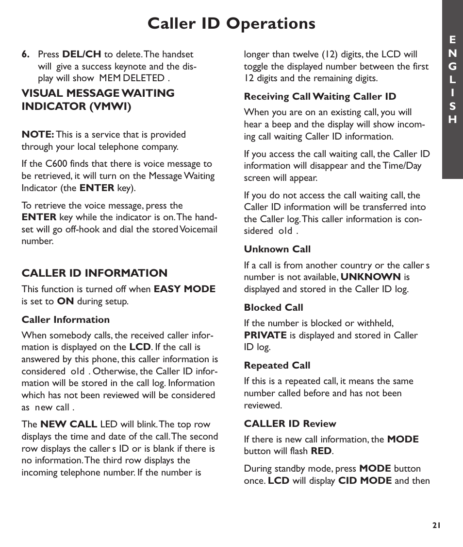 Caller id operations | Clarity C600 User Manual | Page 21 / 32