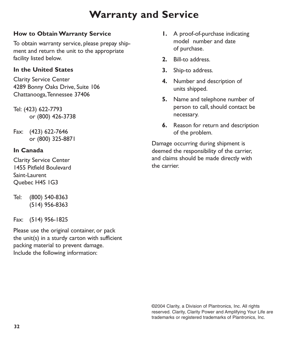 Warranty and service | Clarity C600 User Manual | Page 32 / 32