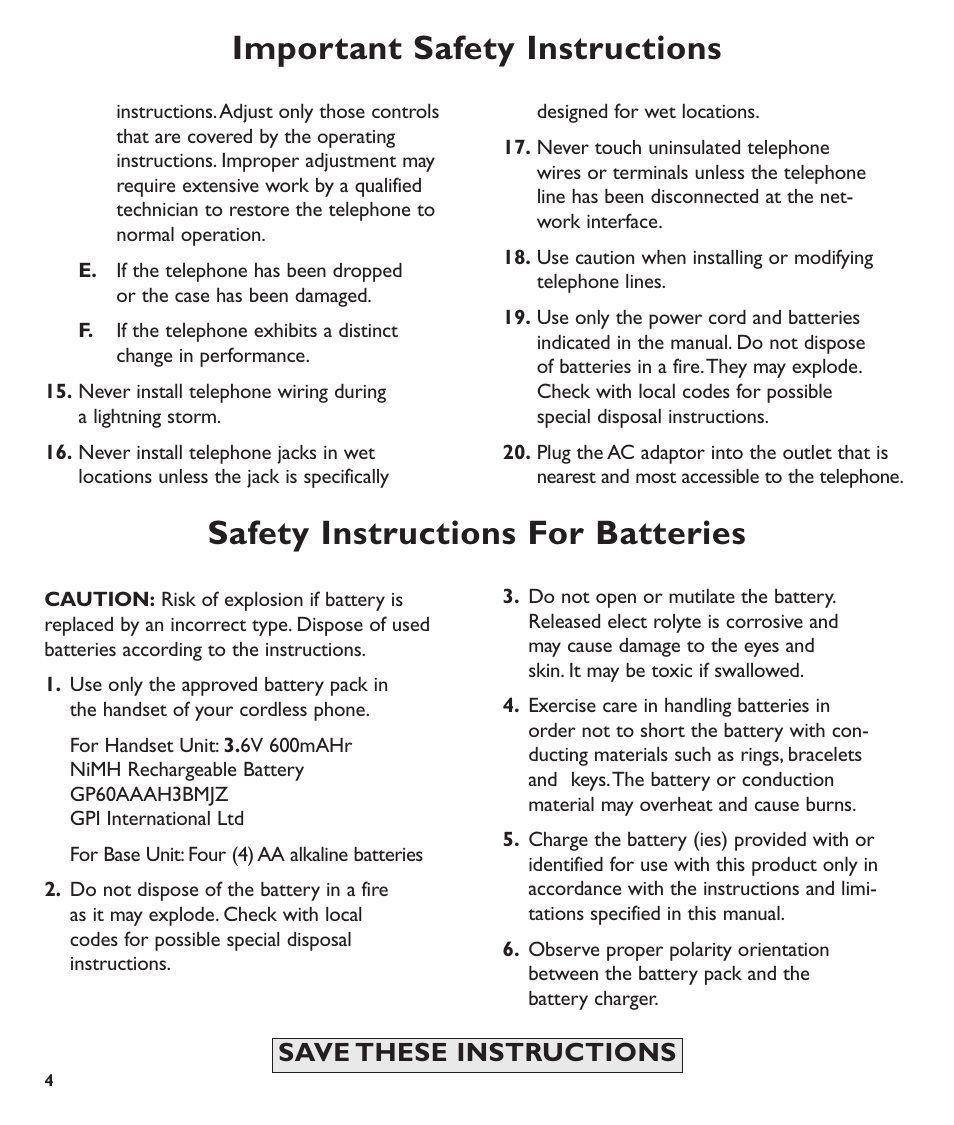 Important safety instructions, Safety instructions for batteries, Save these instructions | Clarity C600 User Manual | Page 4 / 32