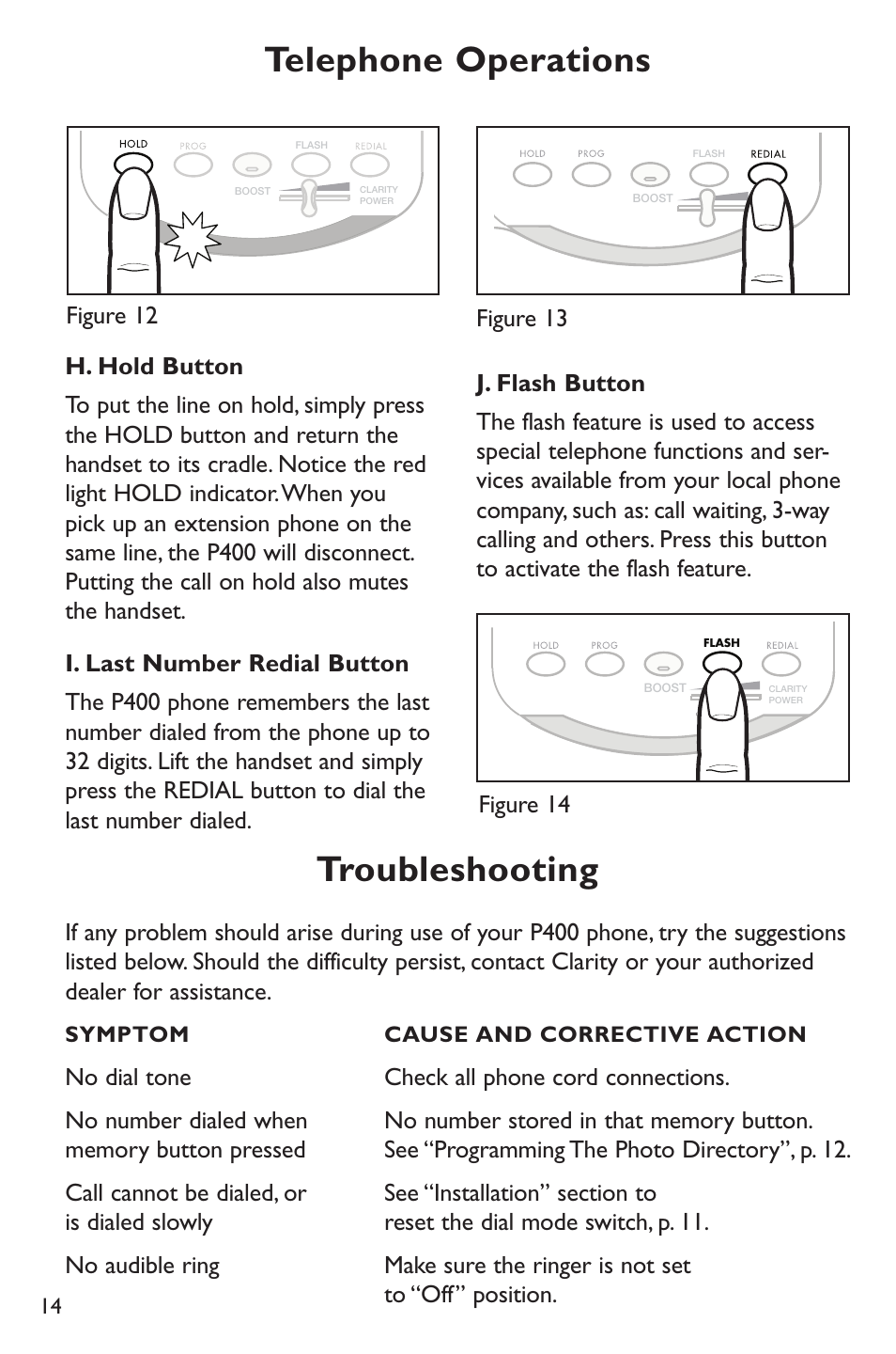 Troubleshooting, Telephone operations | Clarity p400 User Manual | Page 14 / 64