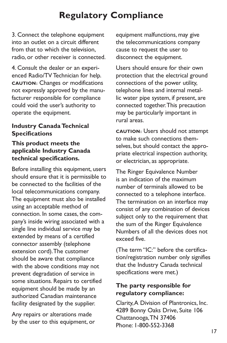 Regulatory compliance | Clarity p400 User Manual | Page 17 / 64