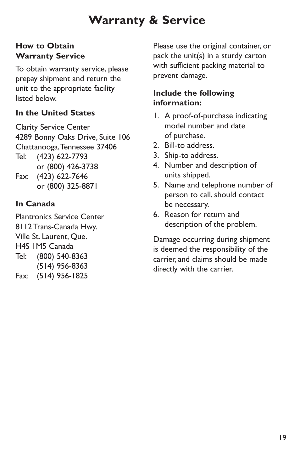 Warranty & service | Clarity p400 User Manual | Page 19 / 64