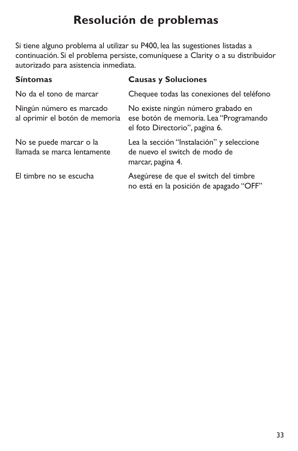 Resolución de problemas | Clarity p400 User Manual | Page 33 / 64