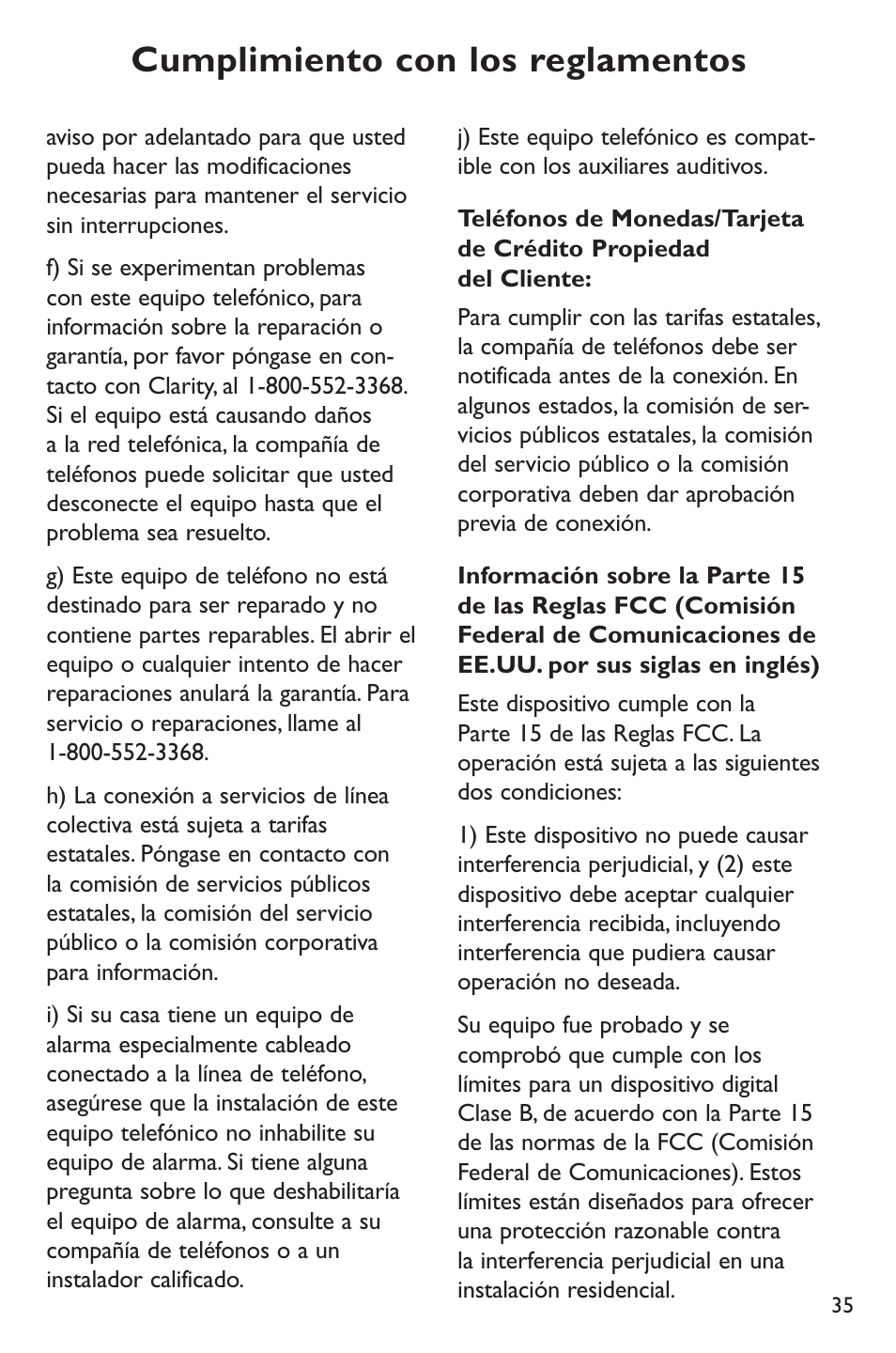 Cumplimiento con los reglamentos | Clarity p400 User Manual | Page 35 / 64