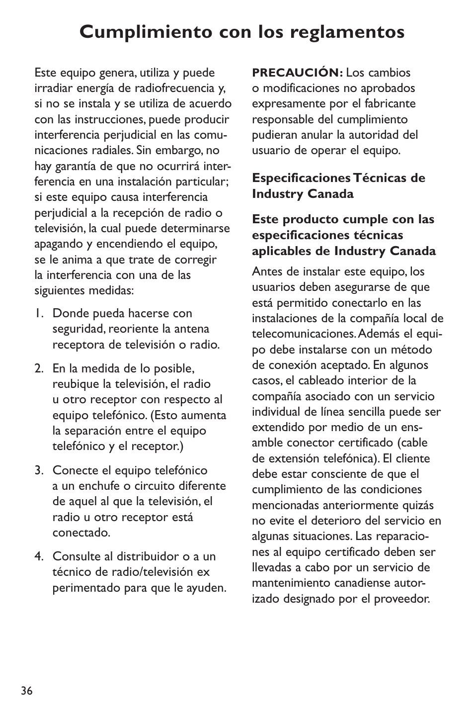 Cumplimiento con los reglamentos | Clarity p400 User Manual | Page 36 / 64
