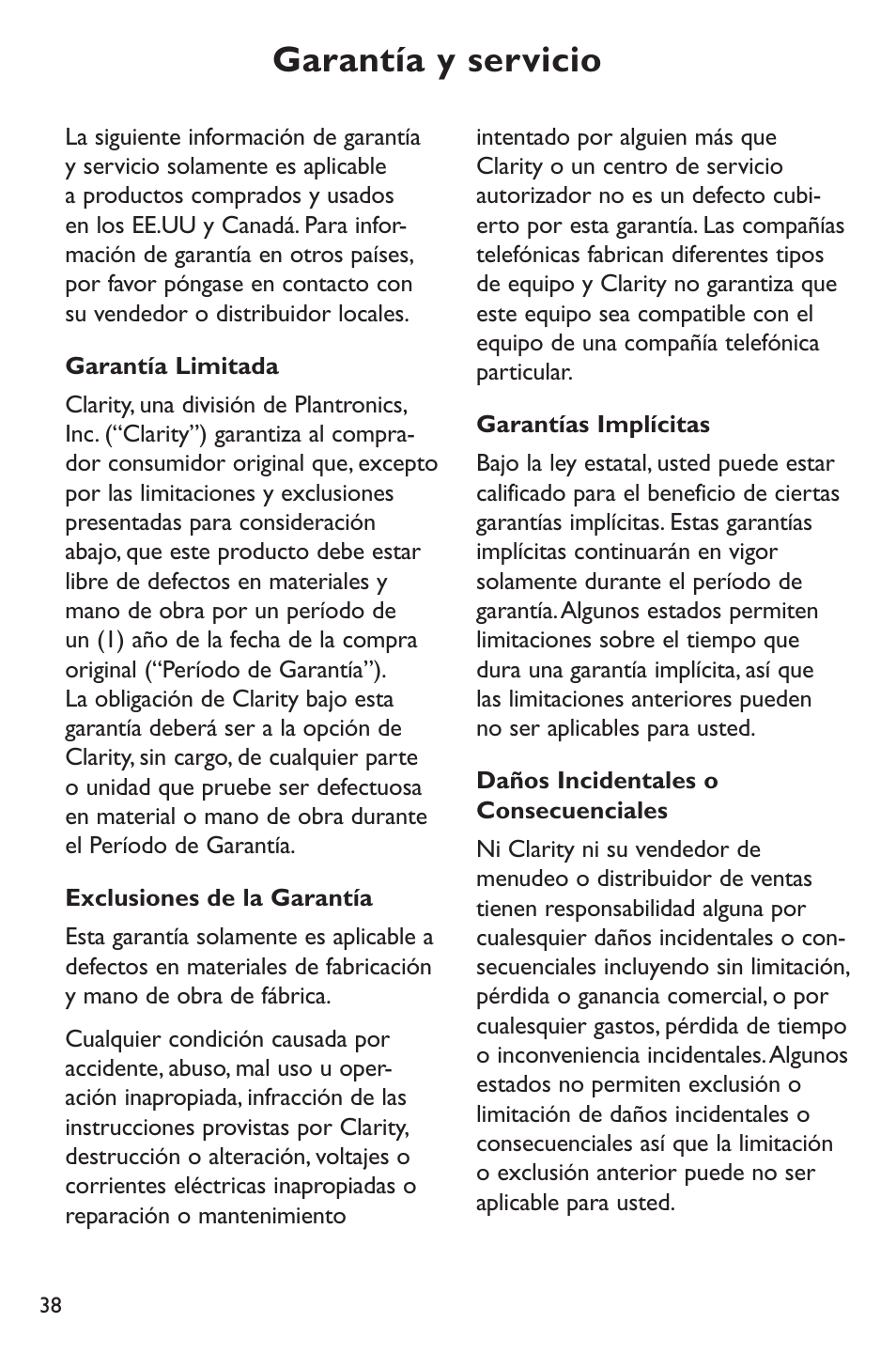 Garantía y servicio | Clarity p400 User Manual | Page 38 / 64