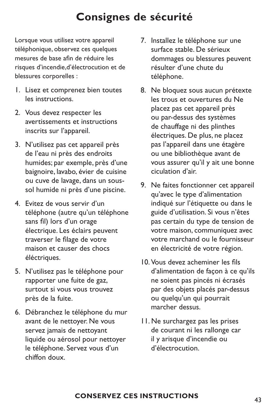 Consignes de sécurité | Clarity p400 User Manual | Page 43 / 64