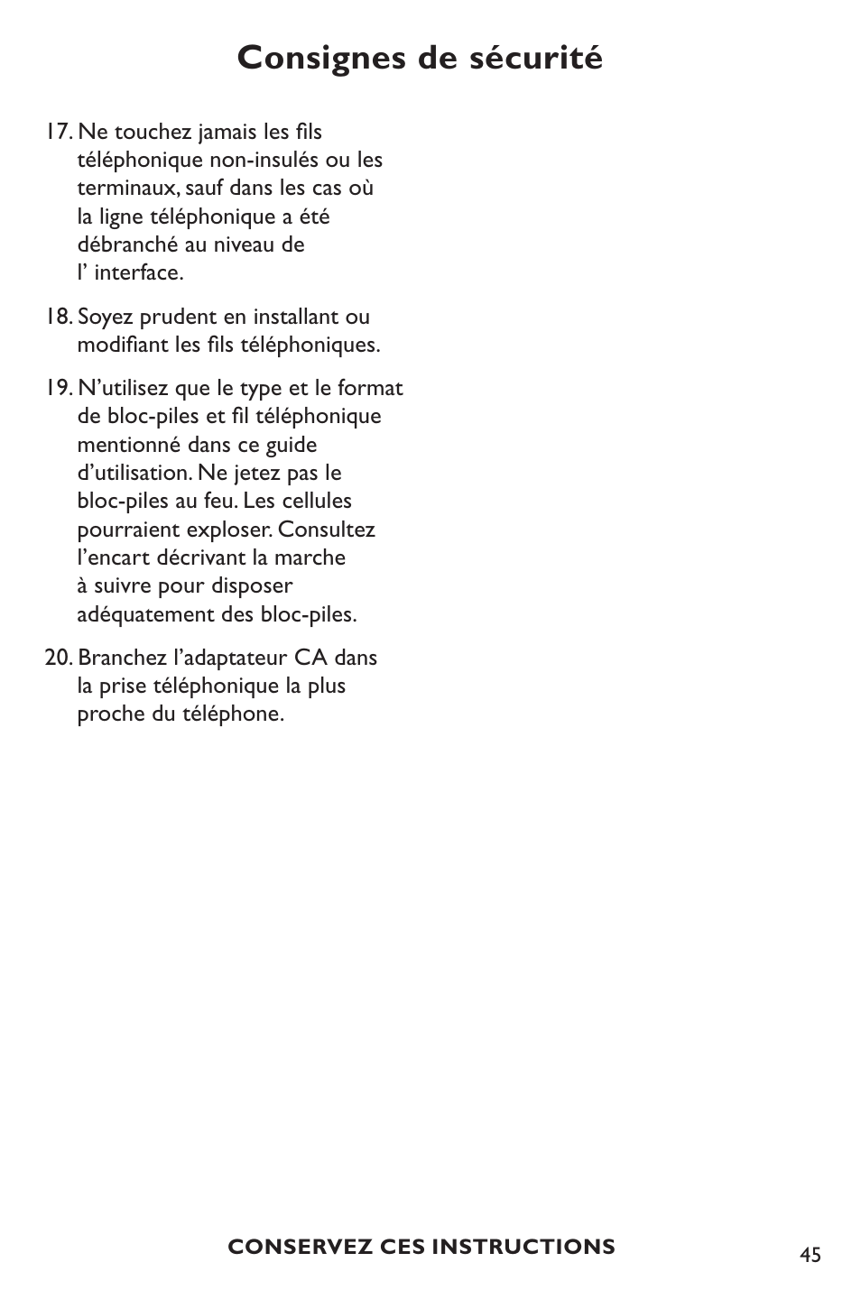 Consignes de sécurité | Clarity p400 User Manual | Page 45 / 64