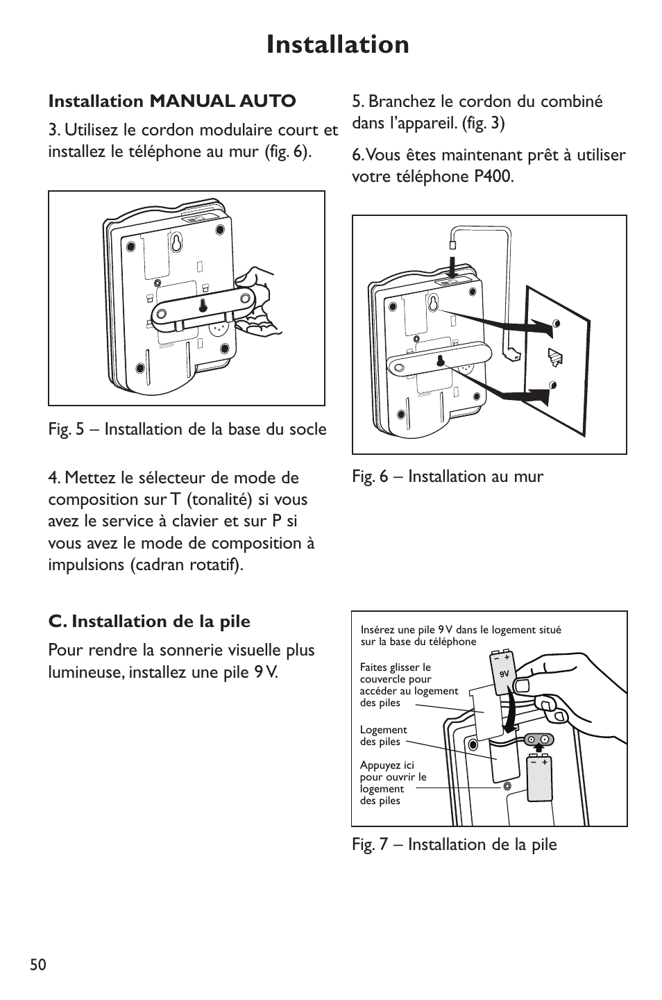 Installation, Fig. 7 – installation de la pile | Clarity p400 User Manual | Page 50 / 64