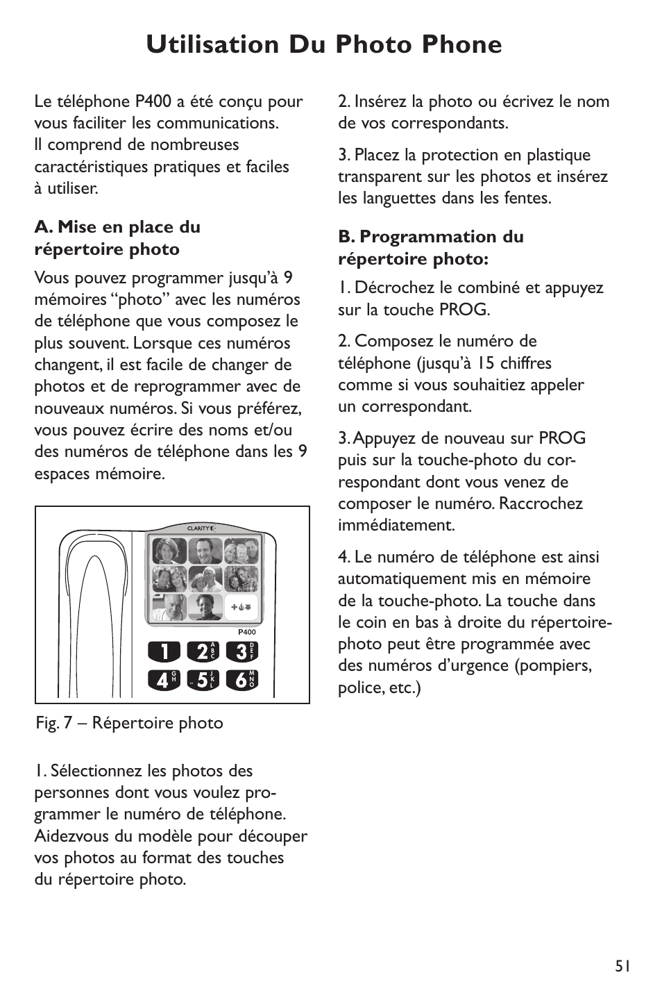 Utilisation du photo phone | Clarity p400 User Manual | Page 51 / 64