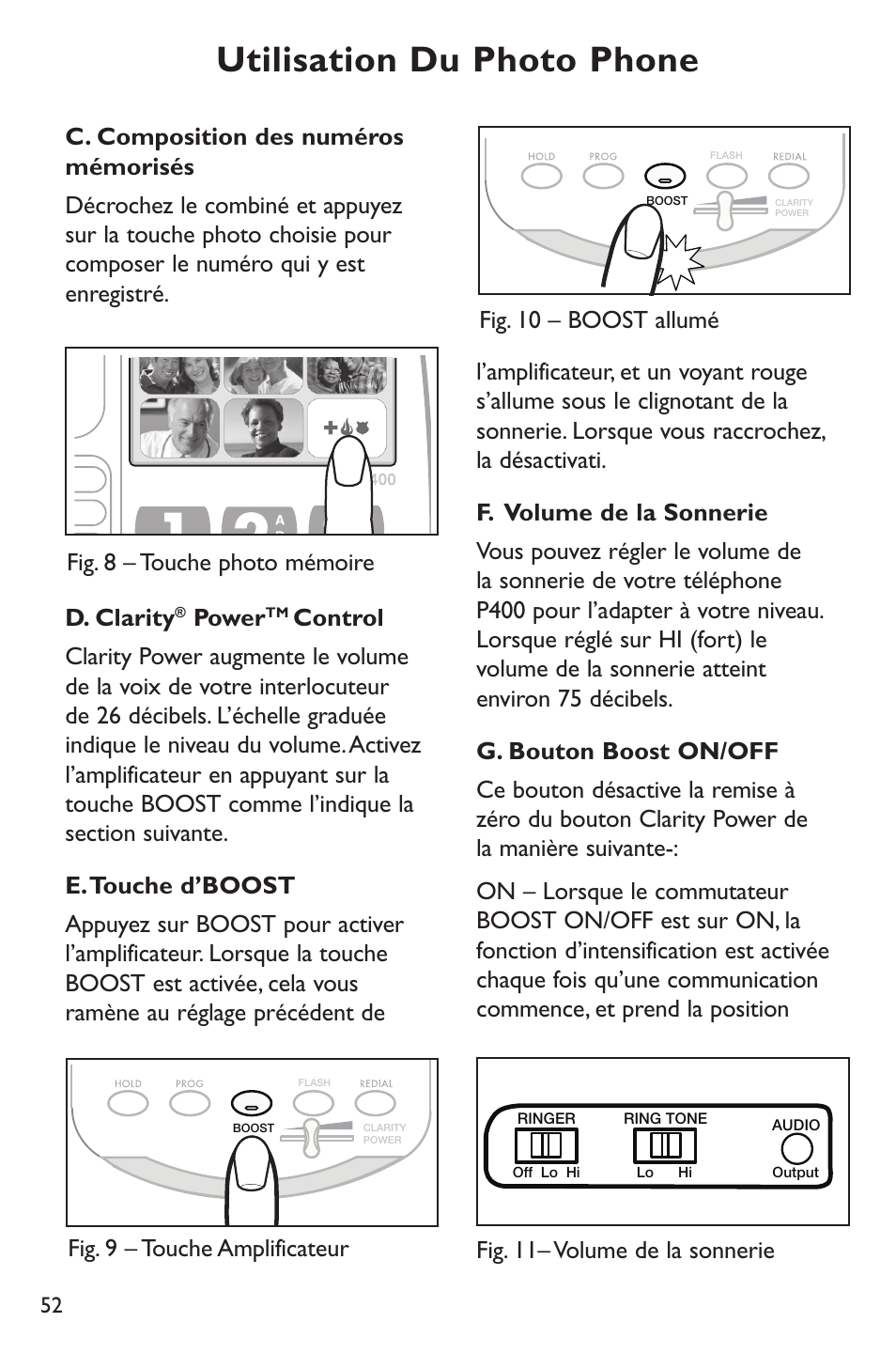 Utilisation du photo phone, Fig. 8 – touche photo mémoire, D. clarity | Power | Clarity p400 User Manual | Page 52 / 64