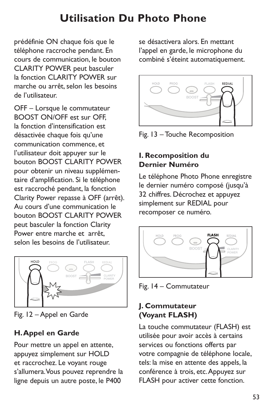 Utilisation du photo phone, Fig. 13 – touche recomposition | Clarity p400 User Manual | Page 53 / 64