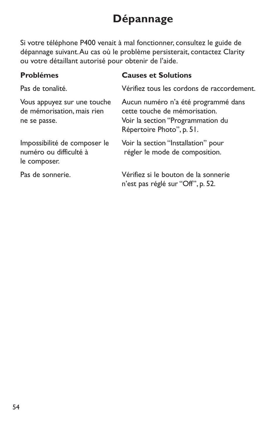Dépannage | Clarity p400 User Manual | Page 54 / 64