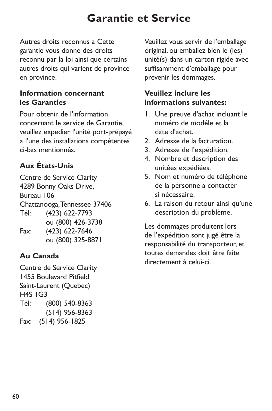 Garantie et service | Clarity p400 User Manual | Page 60 / 64