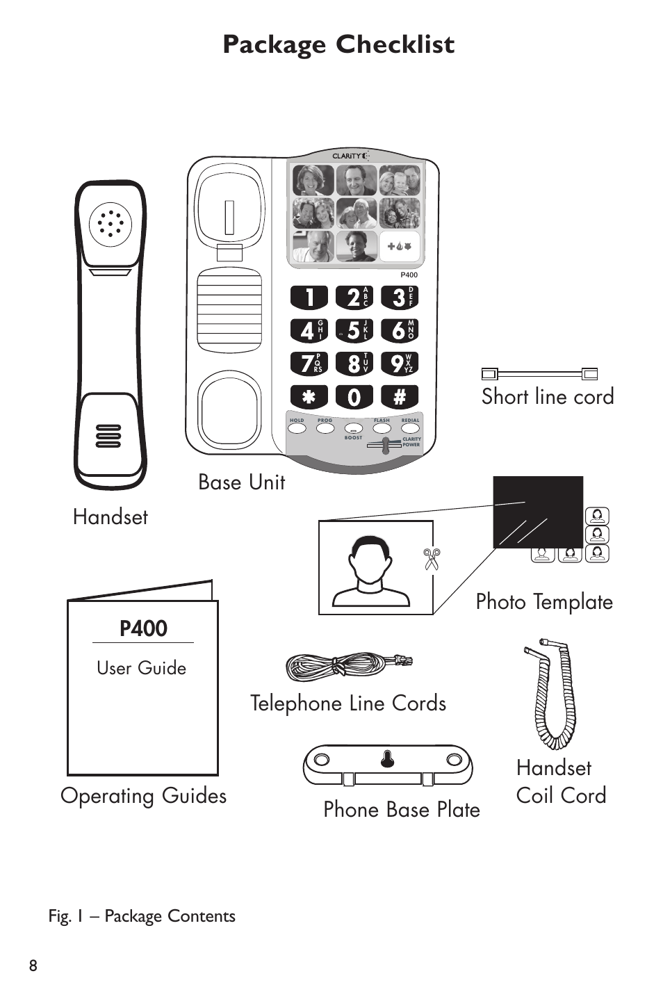 Package checklist, User guide, Fig. 1 – package contents | Clarity p400 User Manual | Page 8 / 64