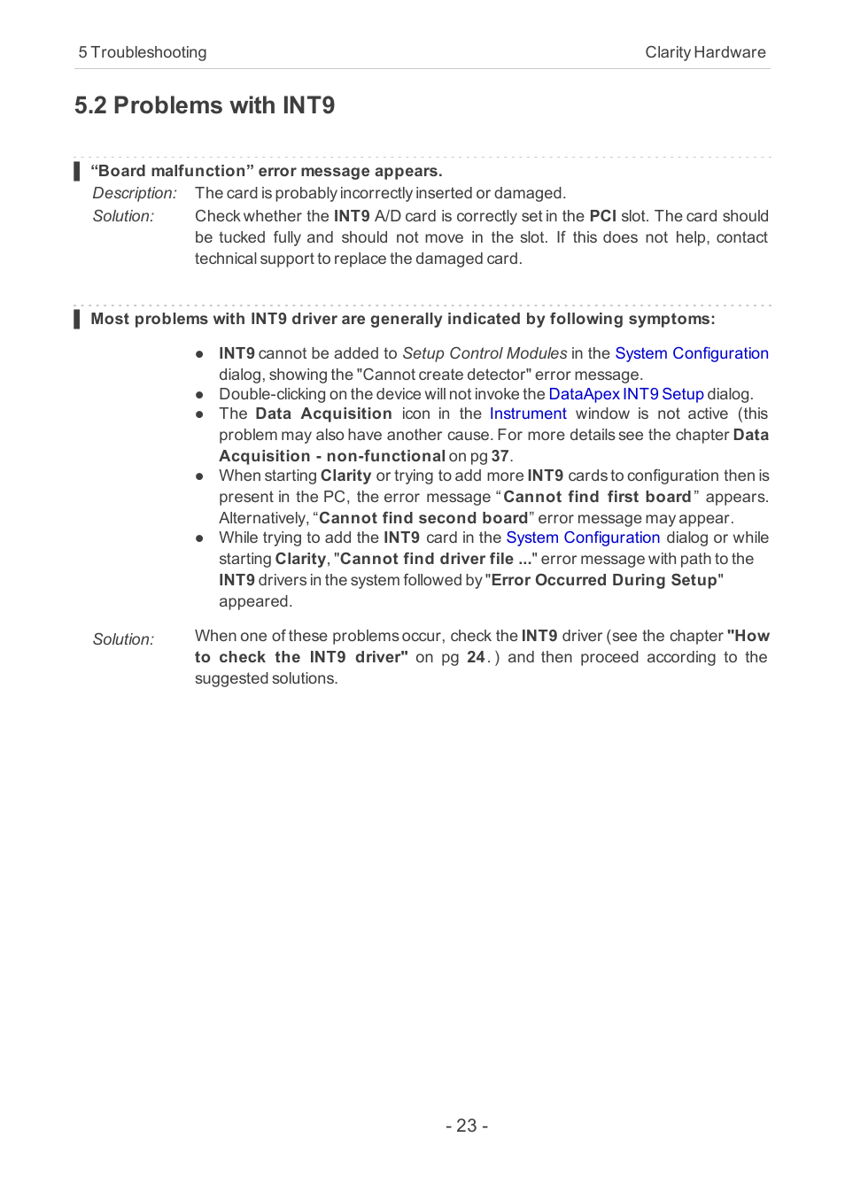 2 problems with int9, Pg 23 | Clarity INT9 User Manual | Page 27 / 47