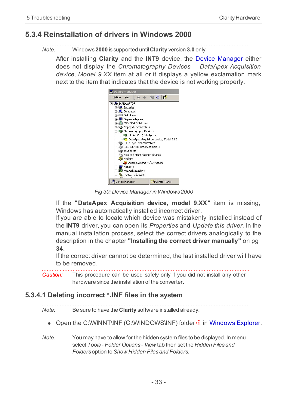 4 reinstallation of drivers in windows 2000, 1 deleting incorrect *.inf files in the system | Clarity INT9 User Manual | Page 37 / 47