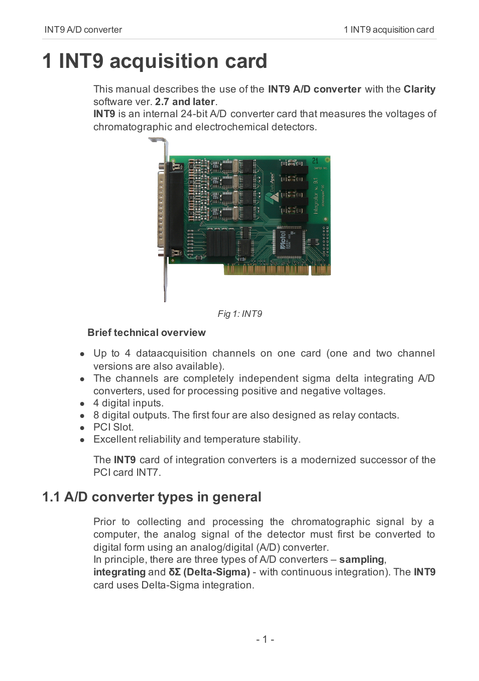 1 int9 acquisition card, 1 a/d converter types in general | Clarity INT9 User Manual | Page 5 / 47