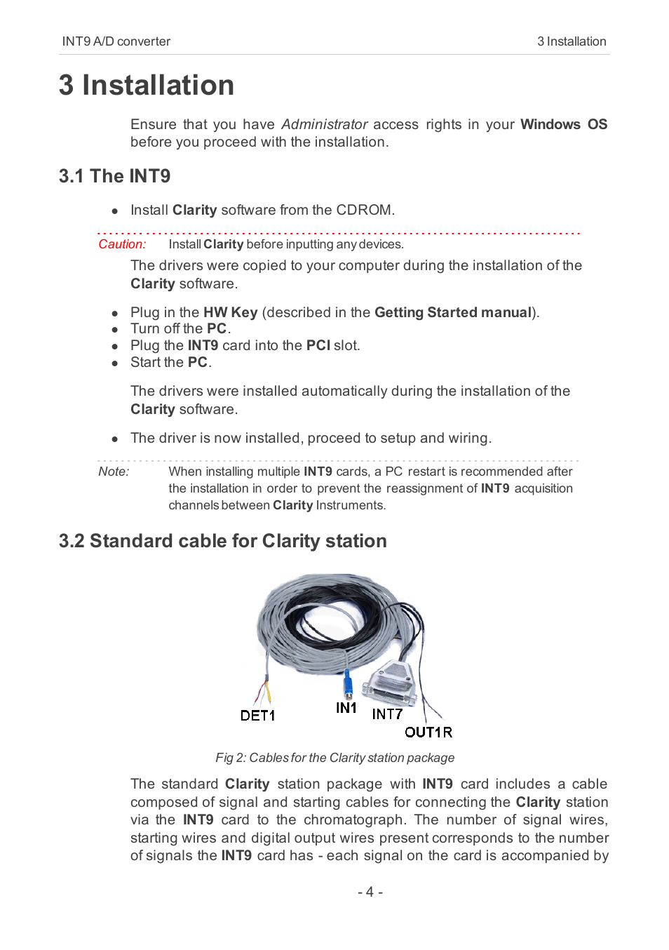 3 installation, 1 the int9, 2 standard cable for clarity station | Clarity INT9 User Manual | Page 8 / 47