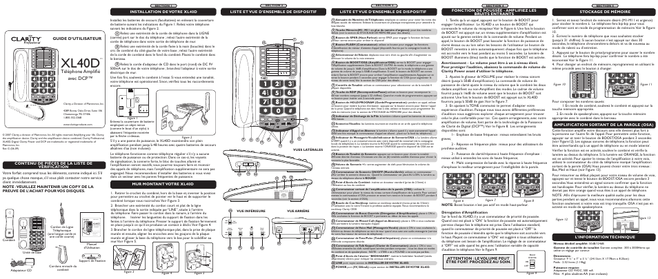 Xl40d, Téléphone amplifié avec dcp, Guide d’utilisateur | Liste et vue d’ensemble de dispositif, Mur montant votre xl40d, Installation de votre xl40d, L’information technique, Amplification sortant de la parole (osa), Vues latérales, Vue inférieure | Clarity XL40D User Manual | Page 3 / 6