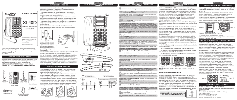 Xl40d, Teléfono amplificado con dcp, Guía del usuario | Lista de caracterista y panorama general, Instalación su xl40d, Lista de revisión de piezas, Amplificación saliente del discurs (osa), Montaje en pared su xl40d, Nota: aumento el bot, Función de boost - amplifique sonidos entrantes | Clarity XL40D User Manual | Page 5 / 6