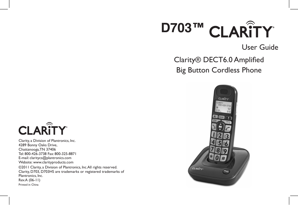 Clarity DECT6.0 Amplified Big Button Cordless Phone D703 User Manual | 25 pages