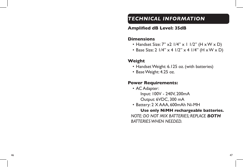 Technical information | Clarity DECT6.0 Amplified Big Button Cordless Phone D703 User Manual | Page 25 / 25