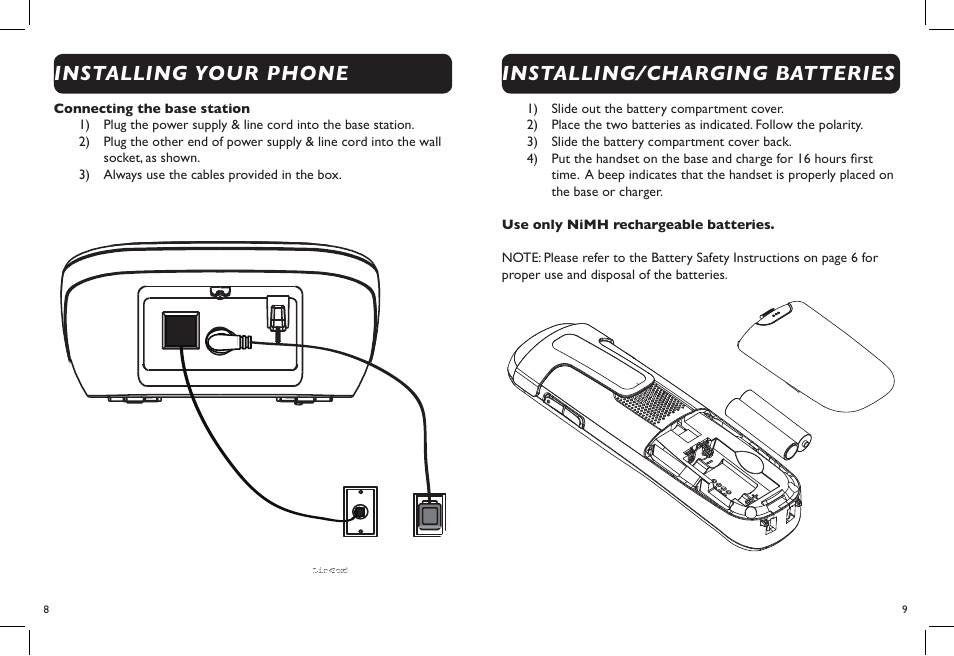 Installing your phone, Installing/charging batteries | Clarity DECT6.0 Amplified Big Button Cordless Phone D703 User Manual | Page 6 / 25