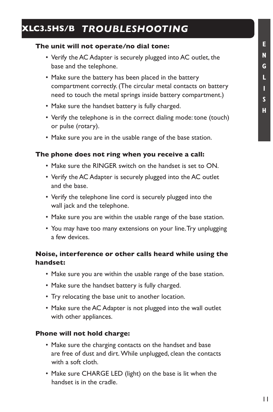 Troubleshooting operating instructions, Xlc3.5hs/b | Clarity XLC Cordless 3.5HSB User Manual | Page 11 / 56